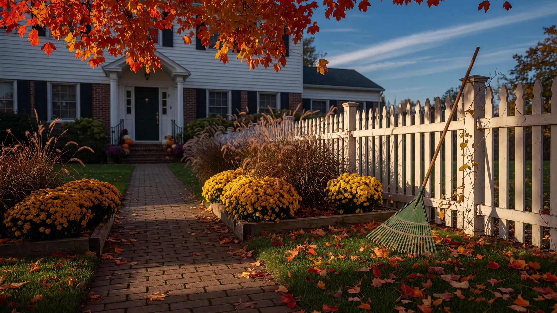 Colonial home in Cherry Hill with an autumn lawn of scattered red and gold leaves, garden beds of golden chrysanthemums, and a wooden rake leaning on a white picket fence at golden hour