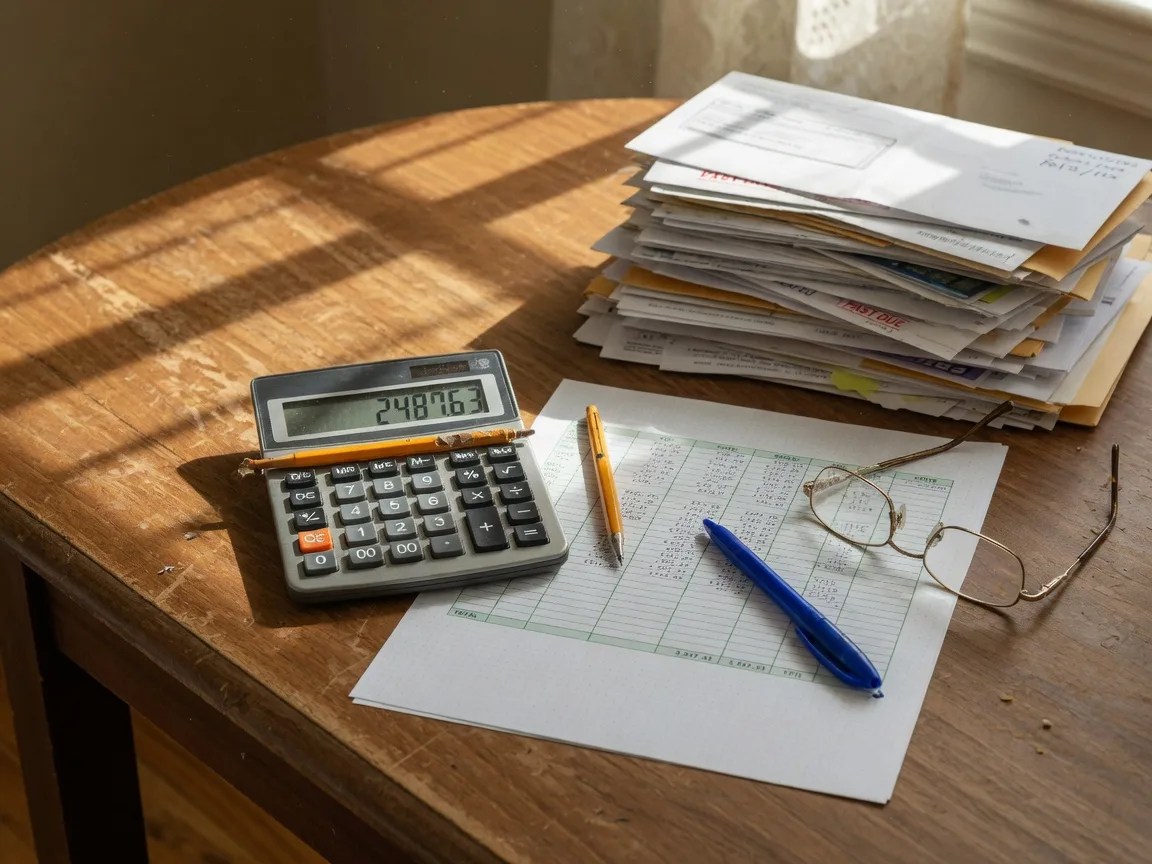 A wooden dining table with a calculator, a spreadsheet showing columns of numbers, and a pen, representing the financial tracking required during probate estate administration
