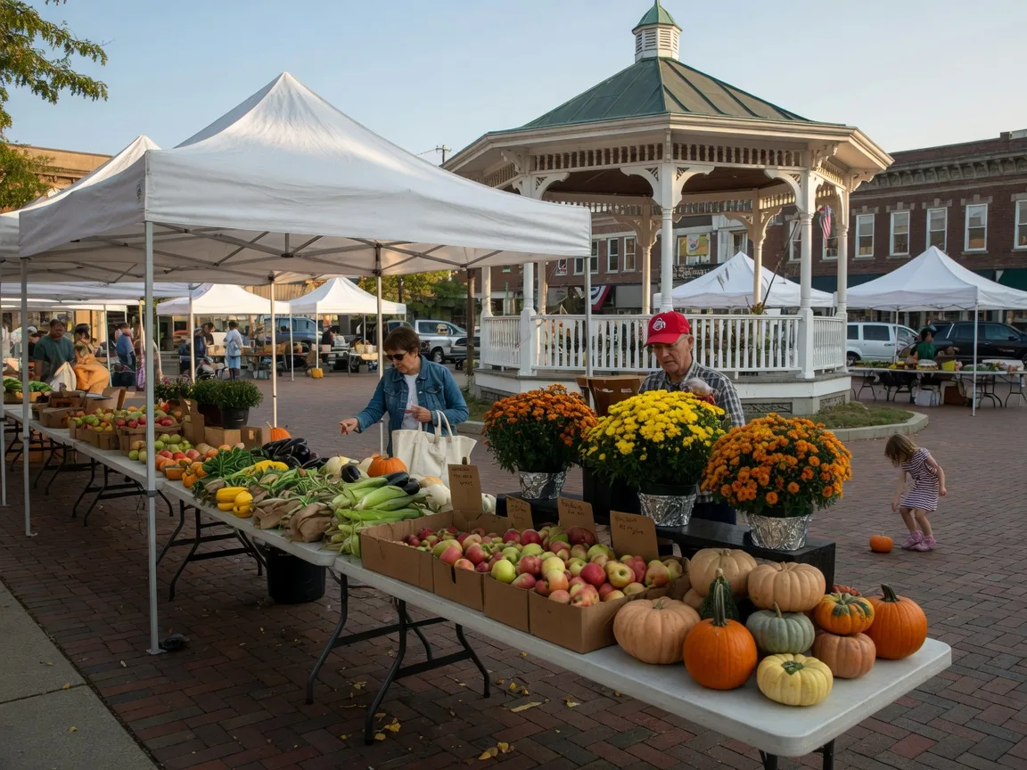 Farmers market stalls with apples and mums on Medina's Public Square on a sunny September morning