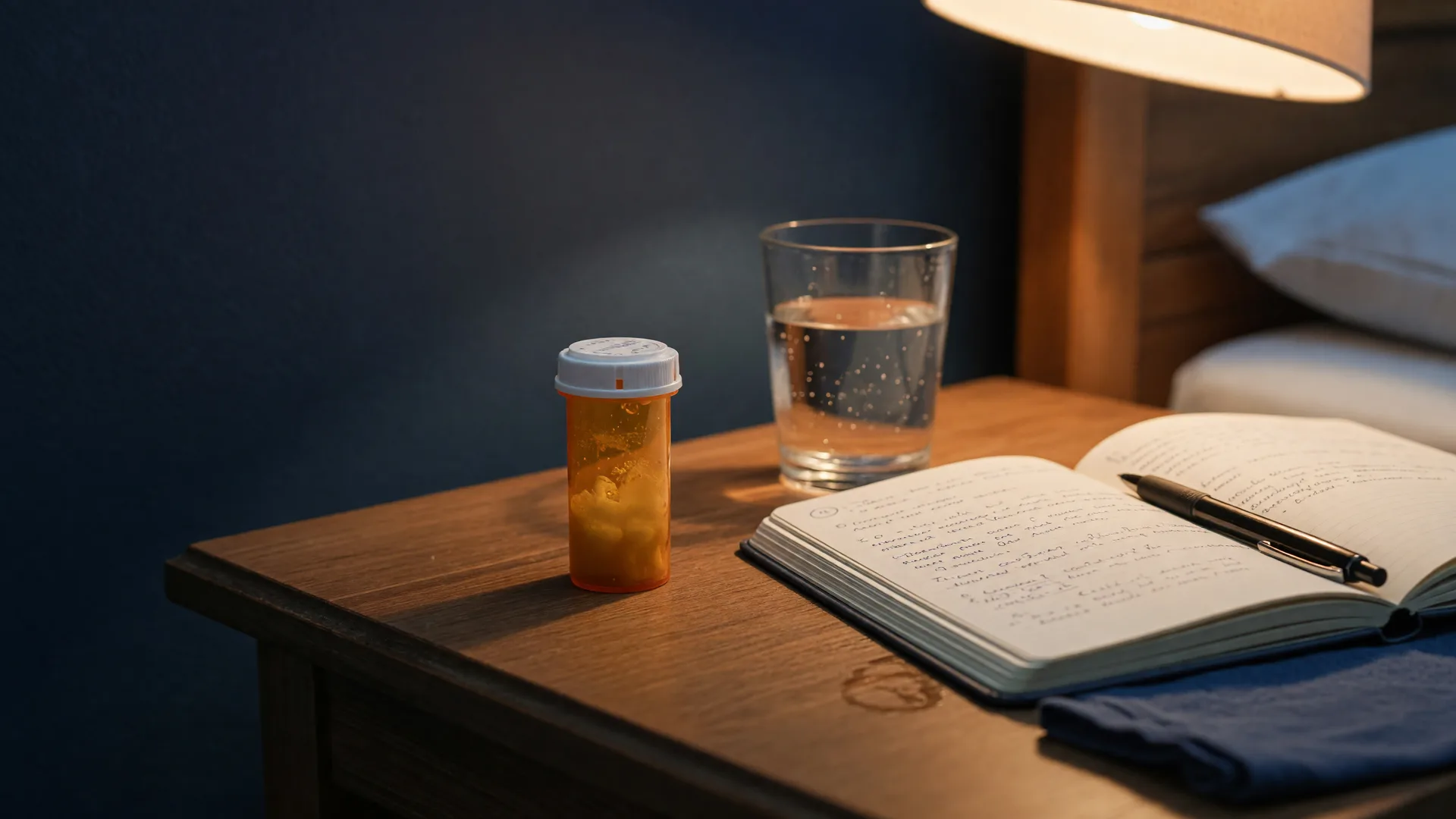 An amber prescription vial, a glass of water and an open journal on a bedside table