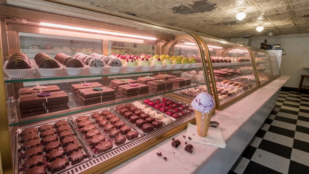 Glass display cases of hand-dipped chocolates and truffles and a scoop of homemade ice cream in a waffle cone at Malley's Chocolates in Lakewood Ohio
