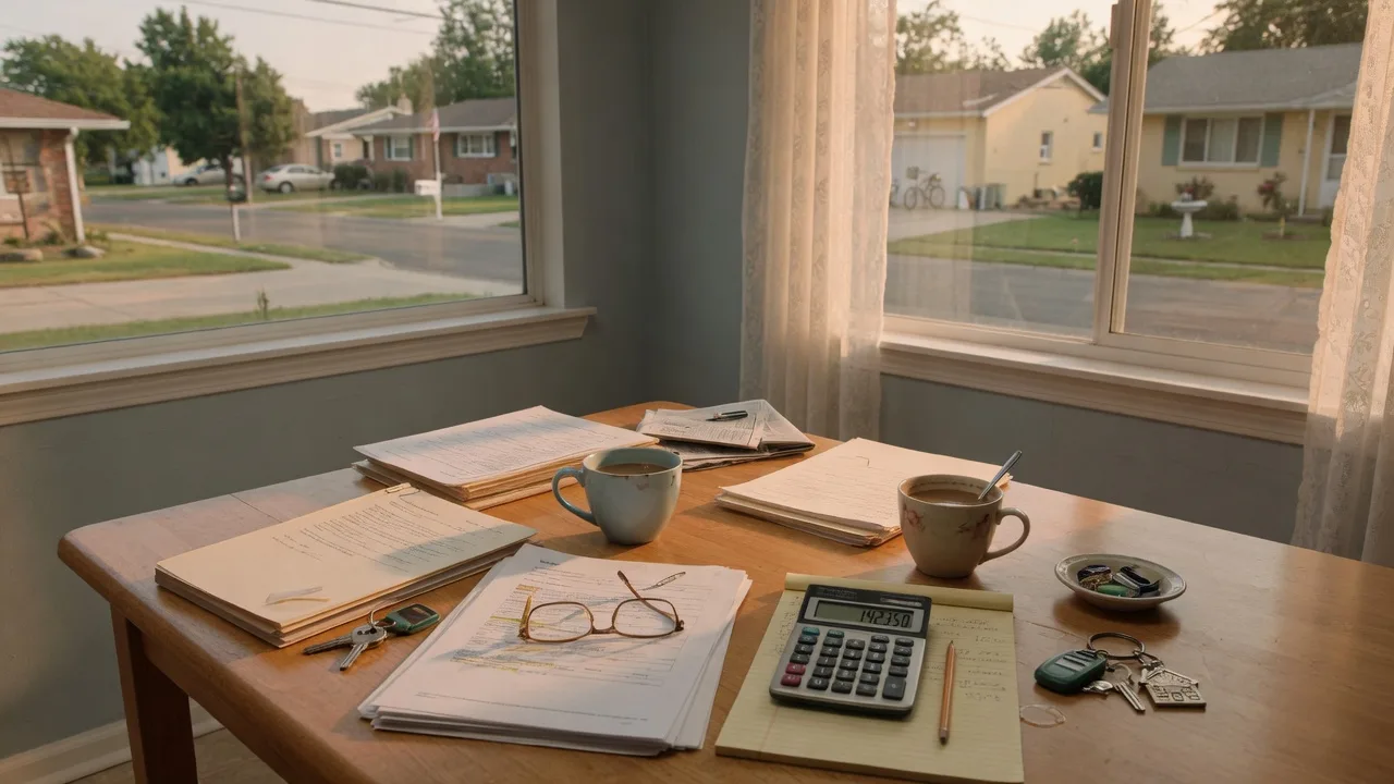 A kitchen table covered with mortgage paperwork, a calculator, reading glasses, and coffee mugs in warm afternoon light