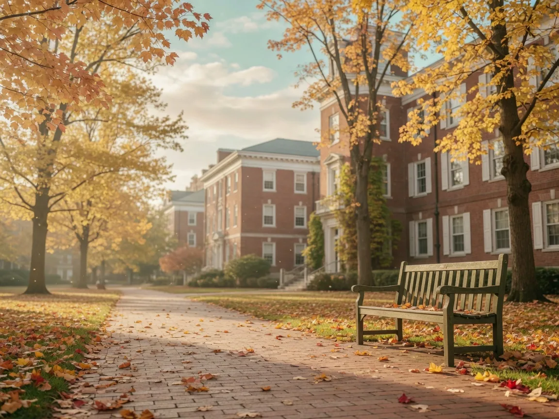 Red brick campus walkway lined with trees on a bright autumn morning in Durant