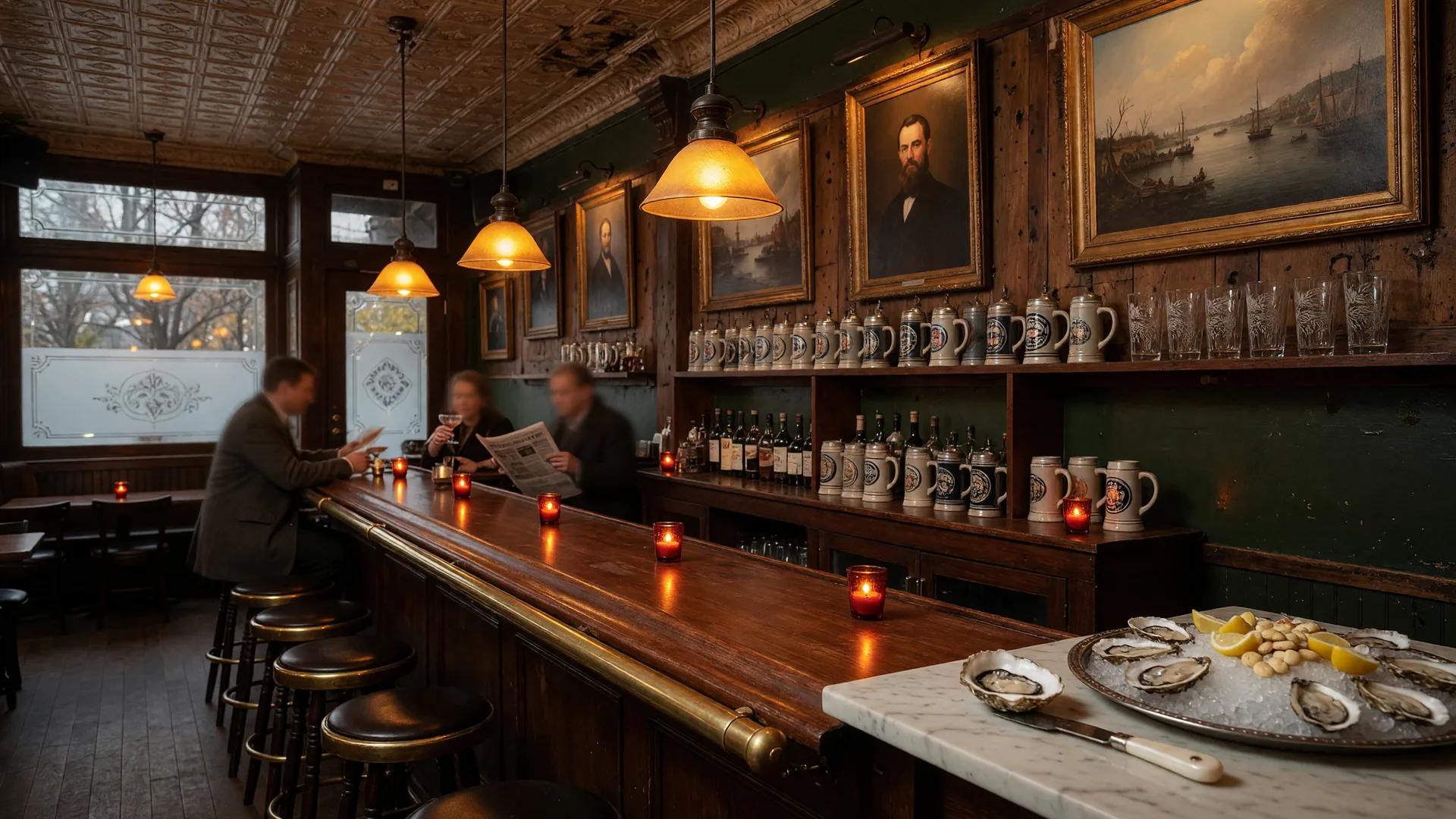 Inside a historic Washington, DC saloon on a late-autumn evening: a long mahogany bar, brass rail and stools, pressed-tin ceiling, amber pendant lights, and a marble raw bar with oysters on ice