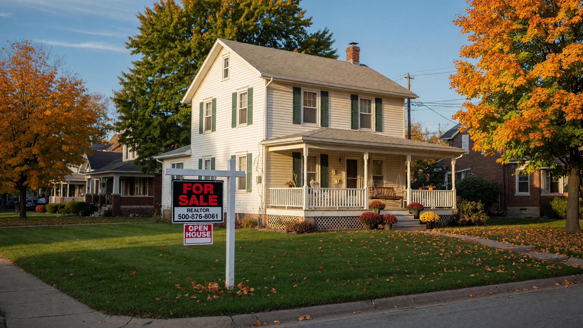 Traditional two-story home with a For Sale sign in a Southwest Missouri neighborhood on a sunny autumn afternoon
