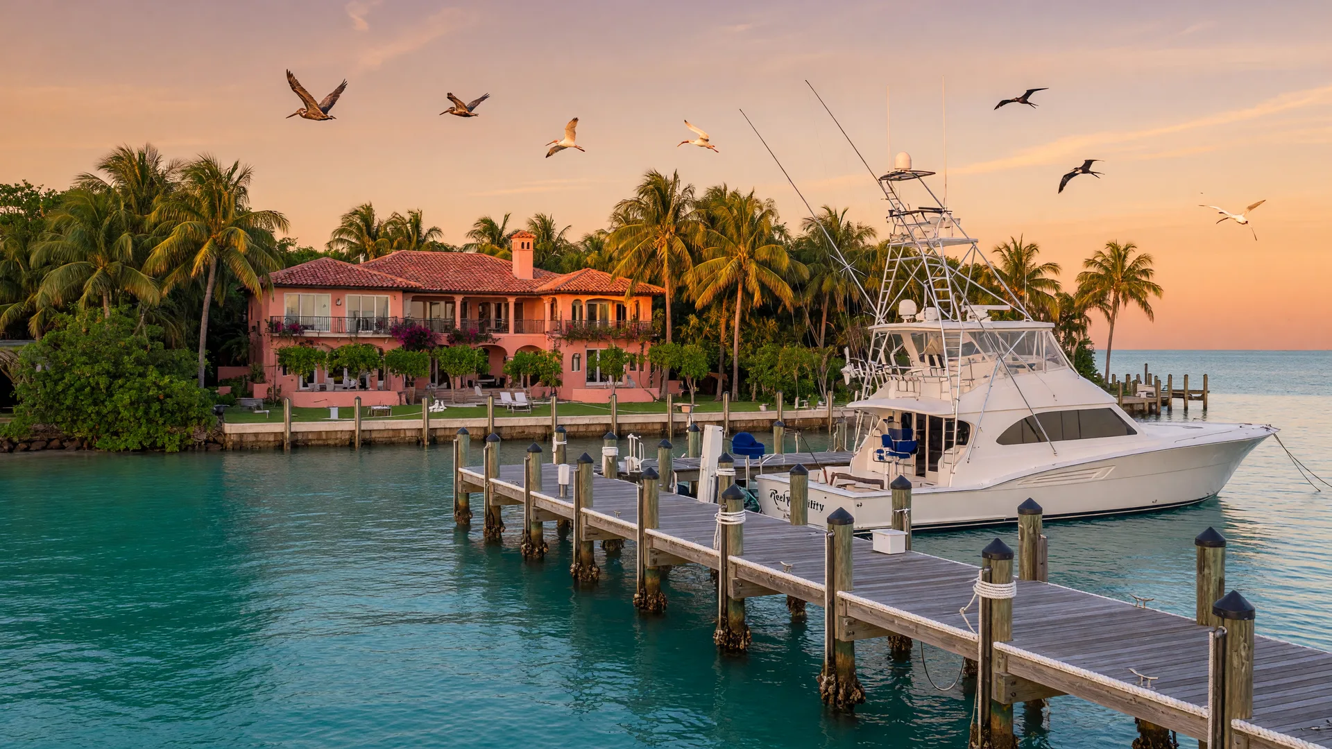 Luxury sportfishing yacht moored at a private dock in Florida Bay at sunrise, with a waterfront estate visible through tropical foliage and soft golden morning light over turquoise water