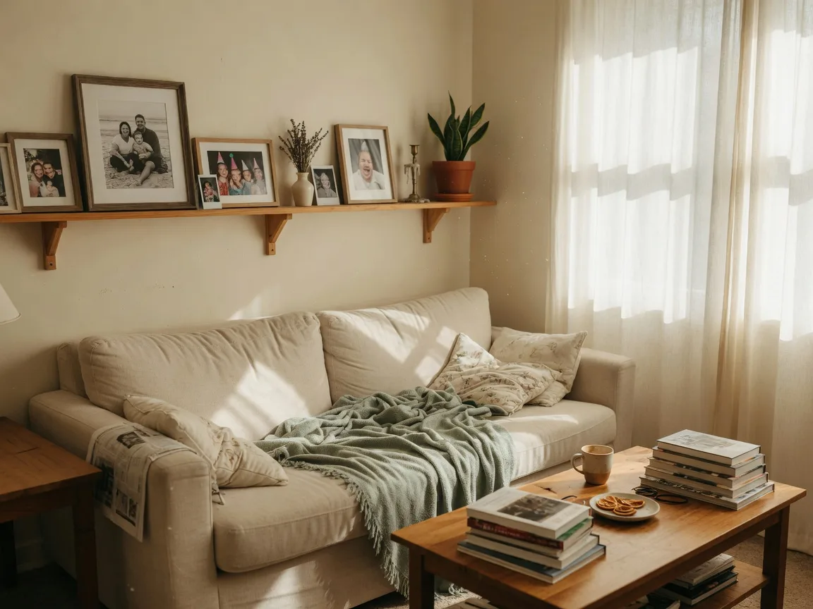 A cozy living room with natural light, comfortable seating, and personal touches