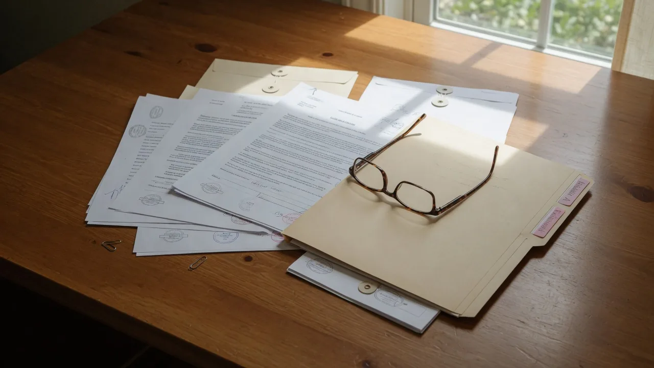 Legal documents and reading glasses on a polished wooden desk for estate planning