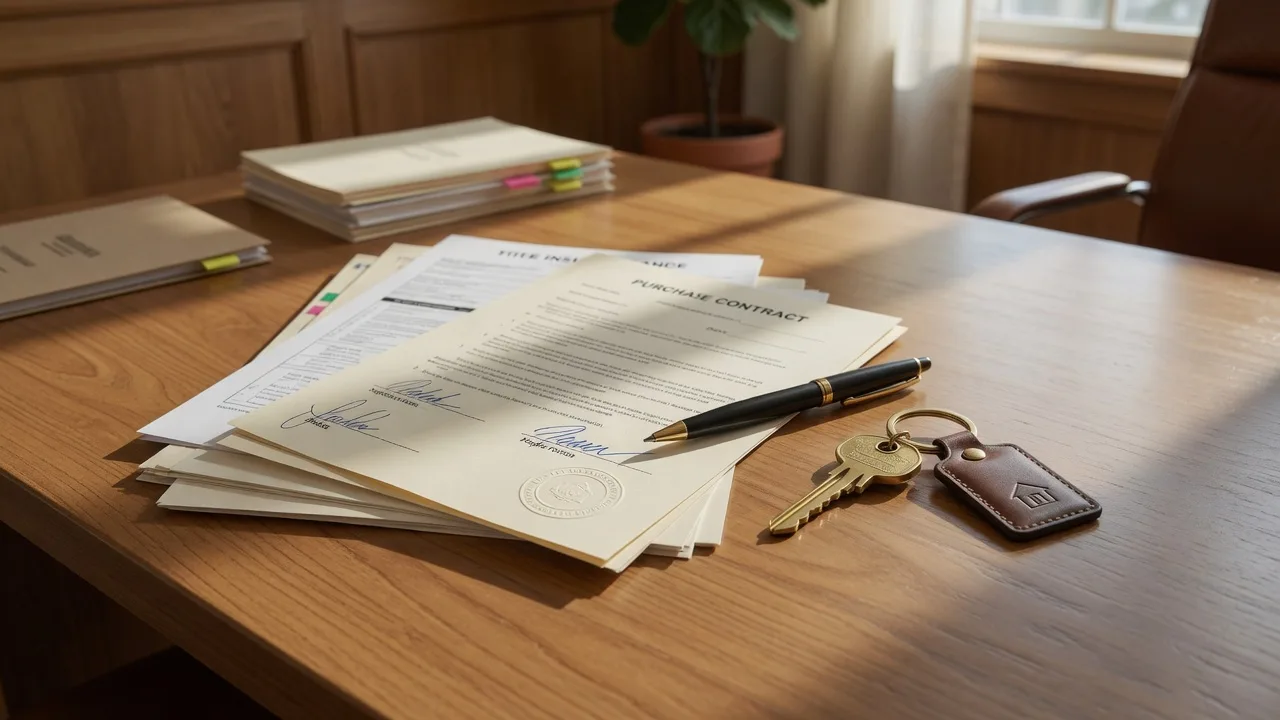 Real estate closing table with a signed contract, pen, brass house key, and closing documents in soft natural light