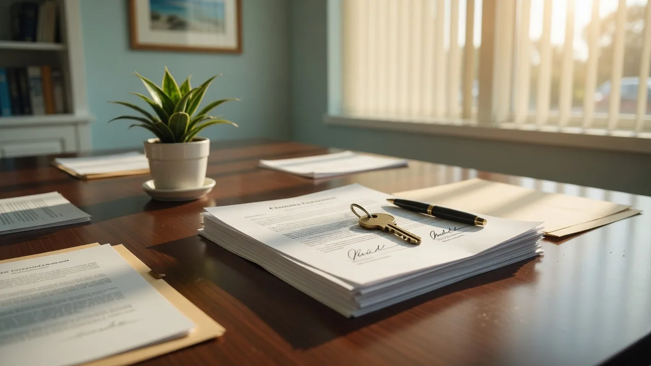 A signed contract and brass house key on a table at a real estate closing