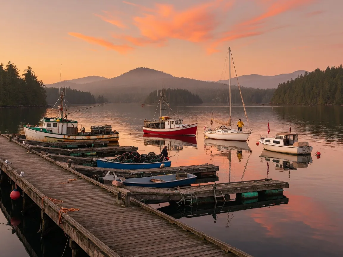 Small working harbour near Sooke with moored fishing boats at golden hour and forested hills behind
