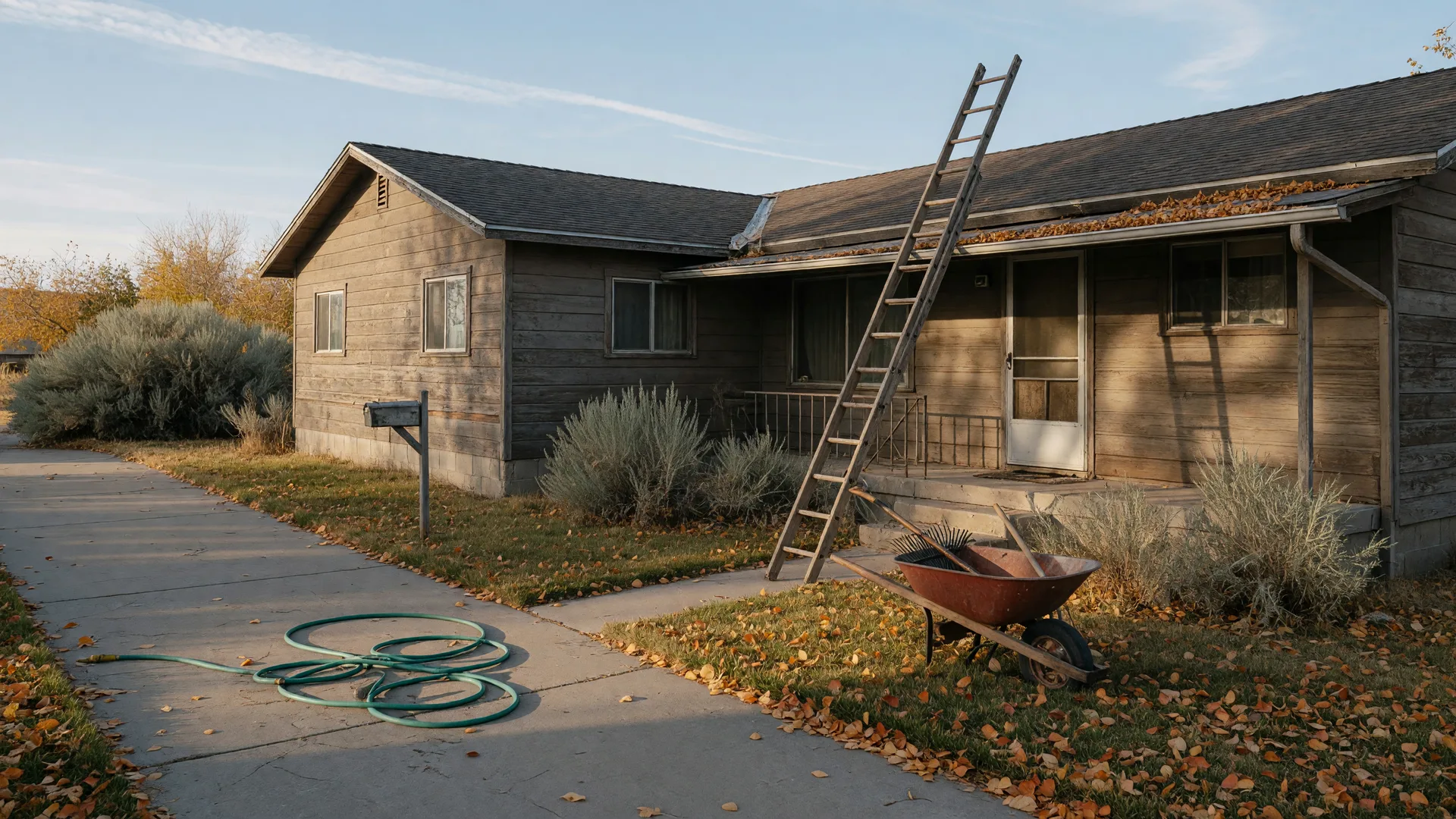 A well-kept older Nevada ranch home in early fall with a ladder against the roof, a coiled hose, fallen leaves, and yard tools beside the porch.
