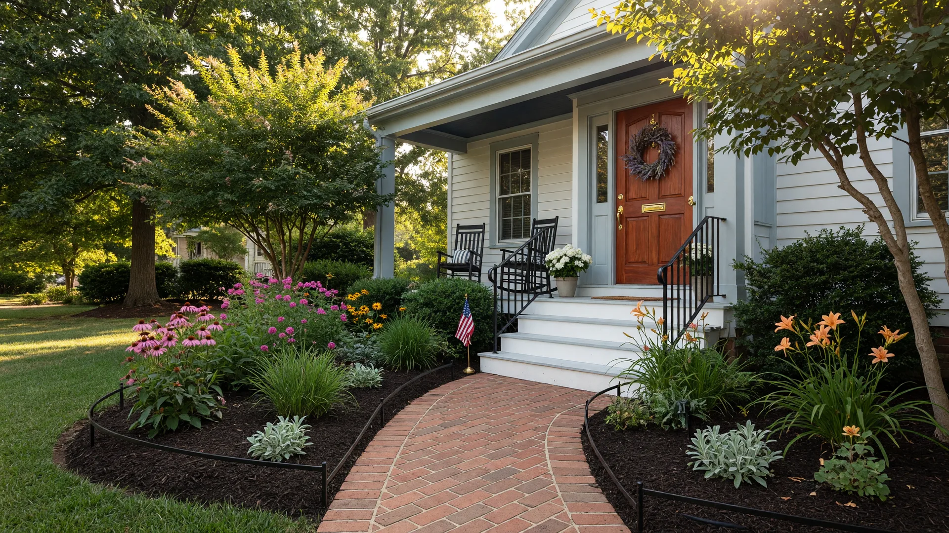 Freshly prepared home entrance with manicured landscaping and curb appeal in Fredericksburg VA