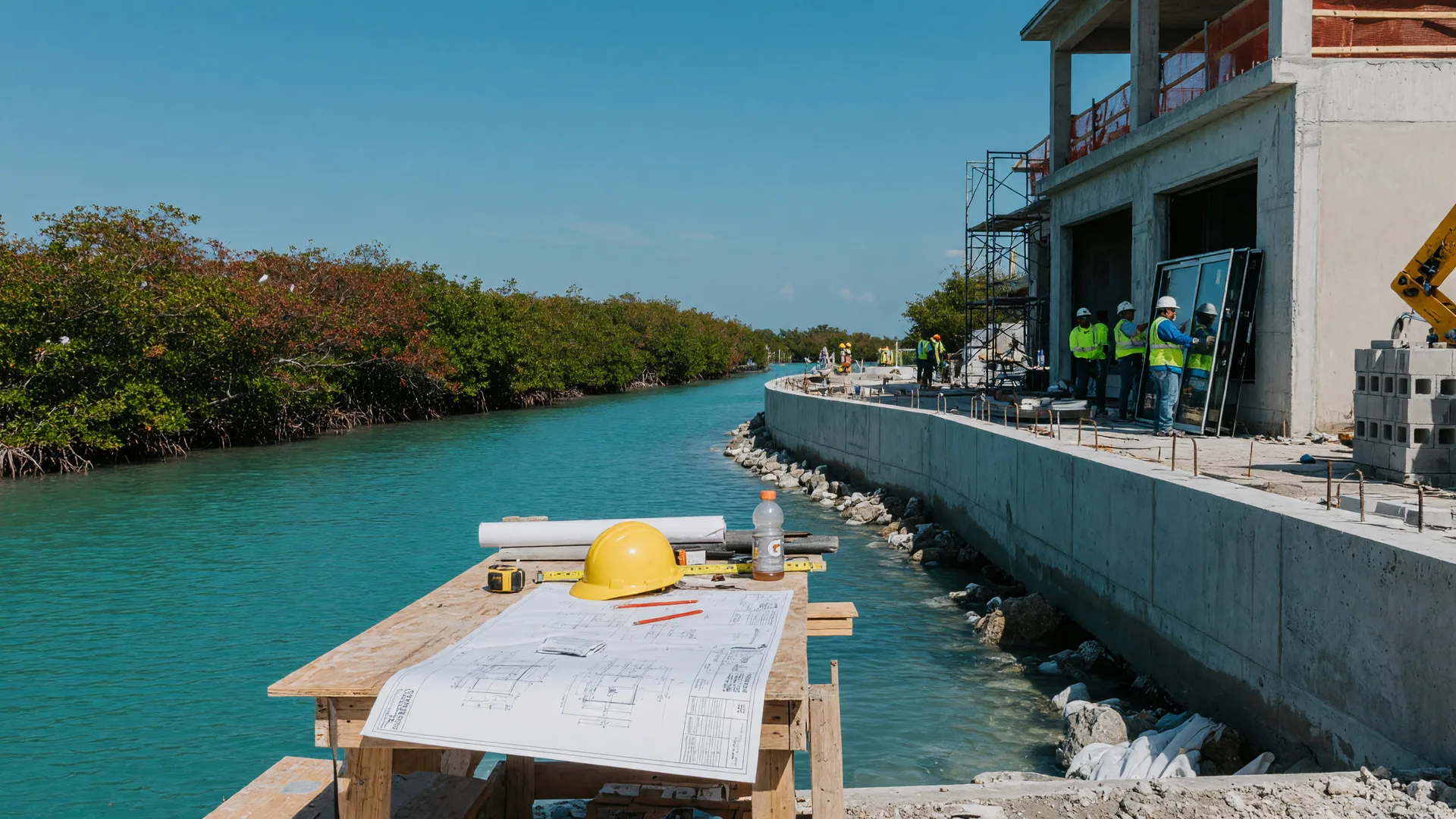 Florida Keys waterfront construction site showing new impact windows being installed and a reinforced concrete seawall, with turquoise water and mangroves in the background under a clear blue sky