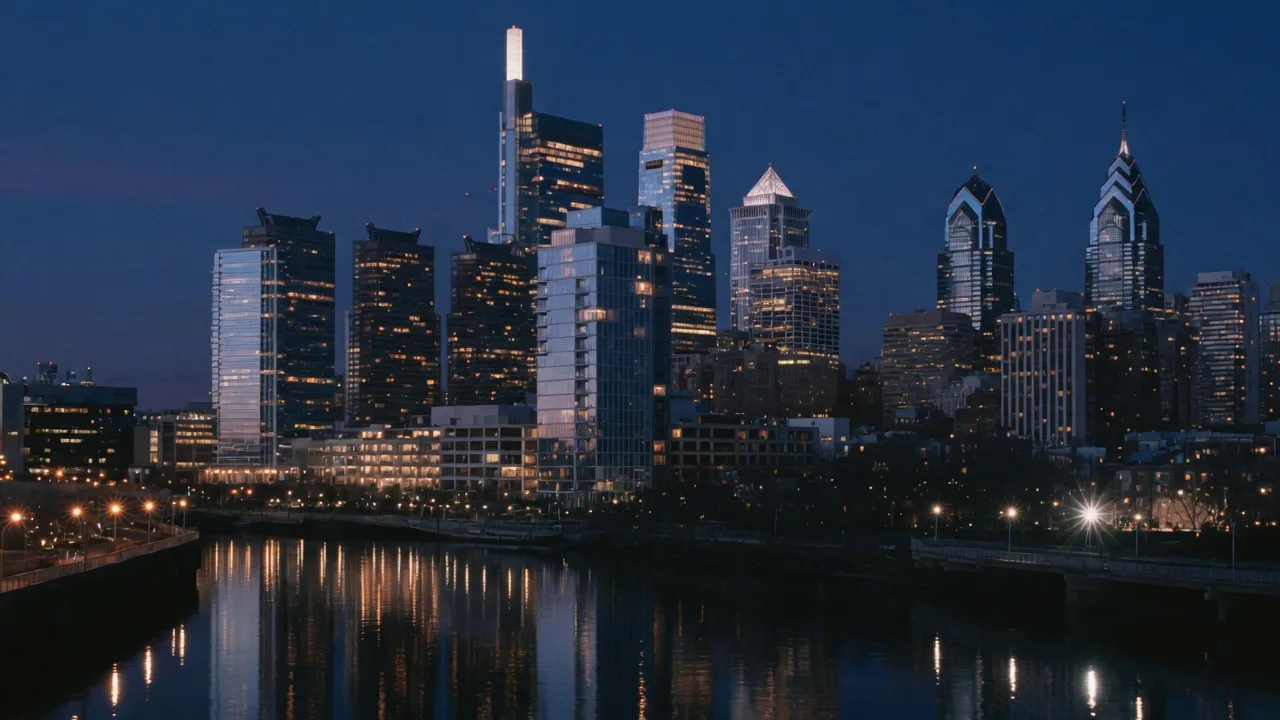 Philadelphia skyline at blue hour along the Schuylkill River