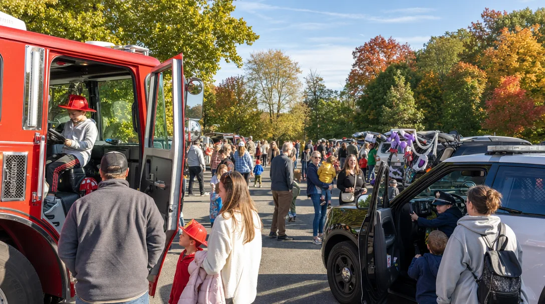 A fall community festival at Crestmont Park in Abington Township, with a Touch-a-Truck event featuring a fire truck and police vehicle, families with children exploring the vehicles on a sunny October afternoon
