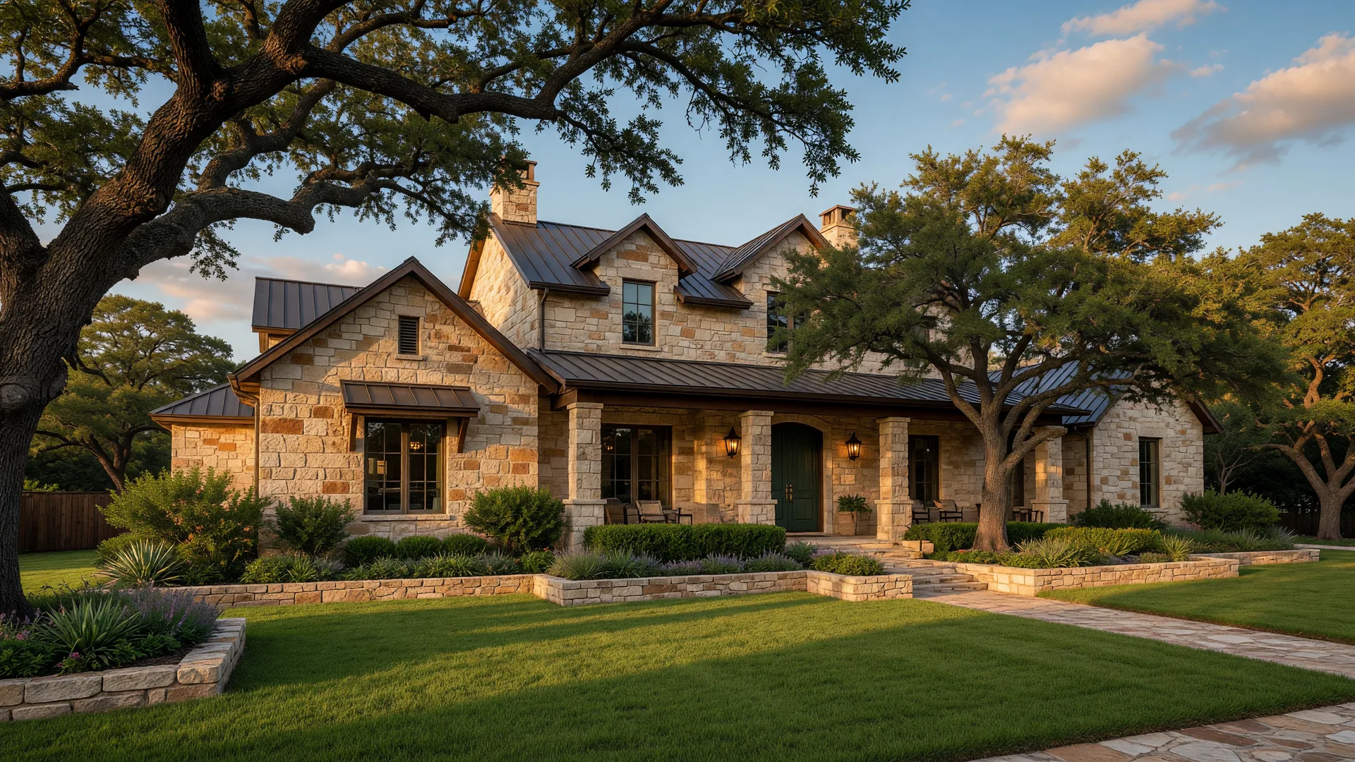 Well-presented limestone Hill Country home in Boerne Texas at golden hour
