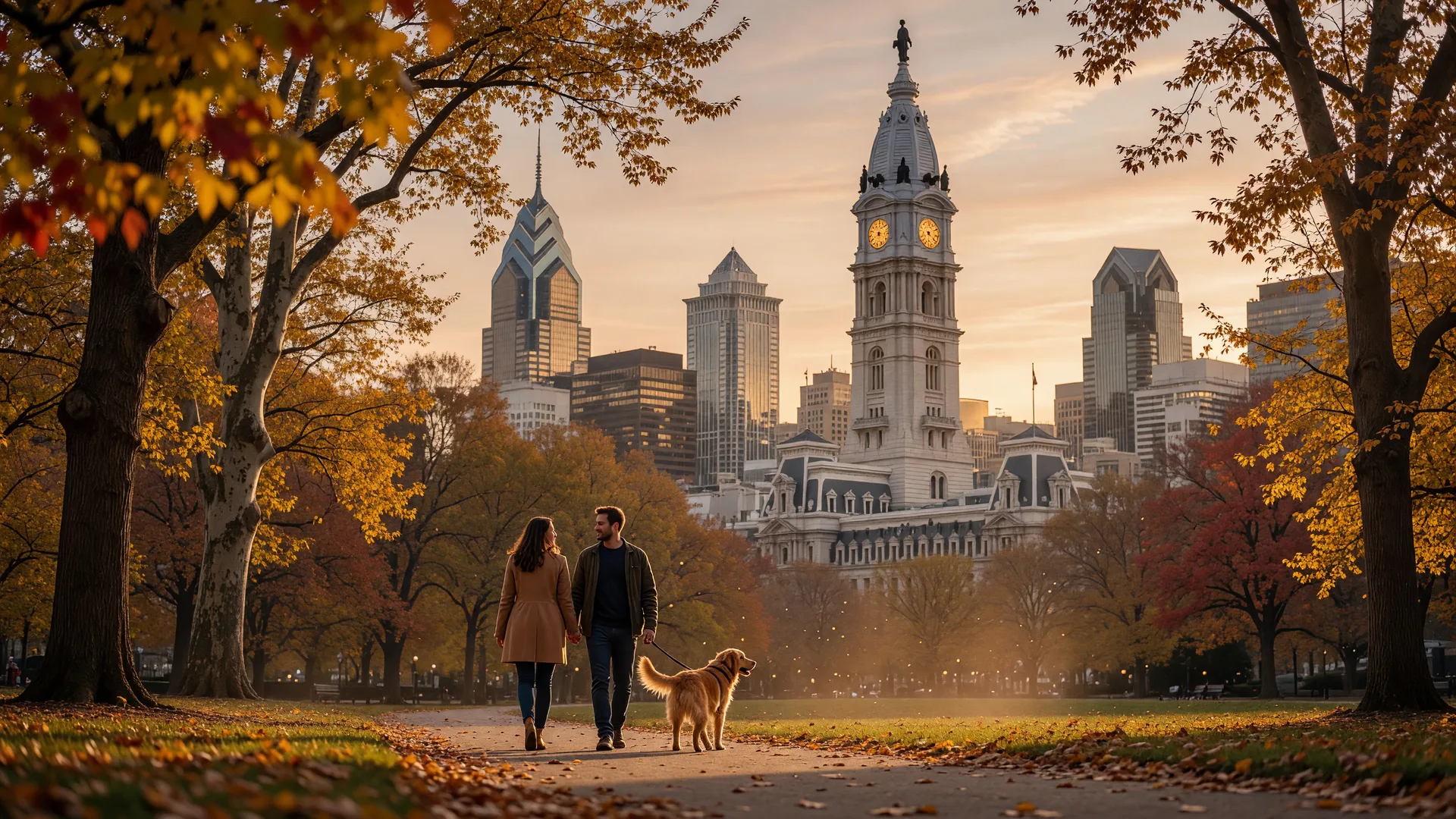 Philadelphia skyline view from Rittenhouse Square park with a golden retriever walking along a tree-lined path on a warm autumn afternoon