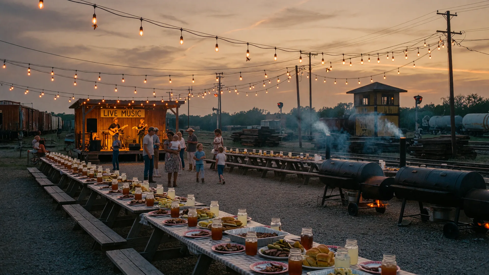 An outdoor community picnic fundraiser at dusk with long food tables under string lights, a small glowing live music stage in the distance, and silhouetted families mingling