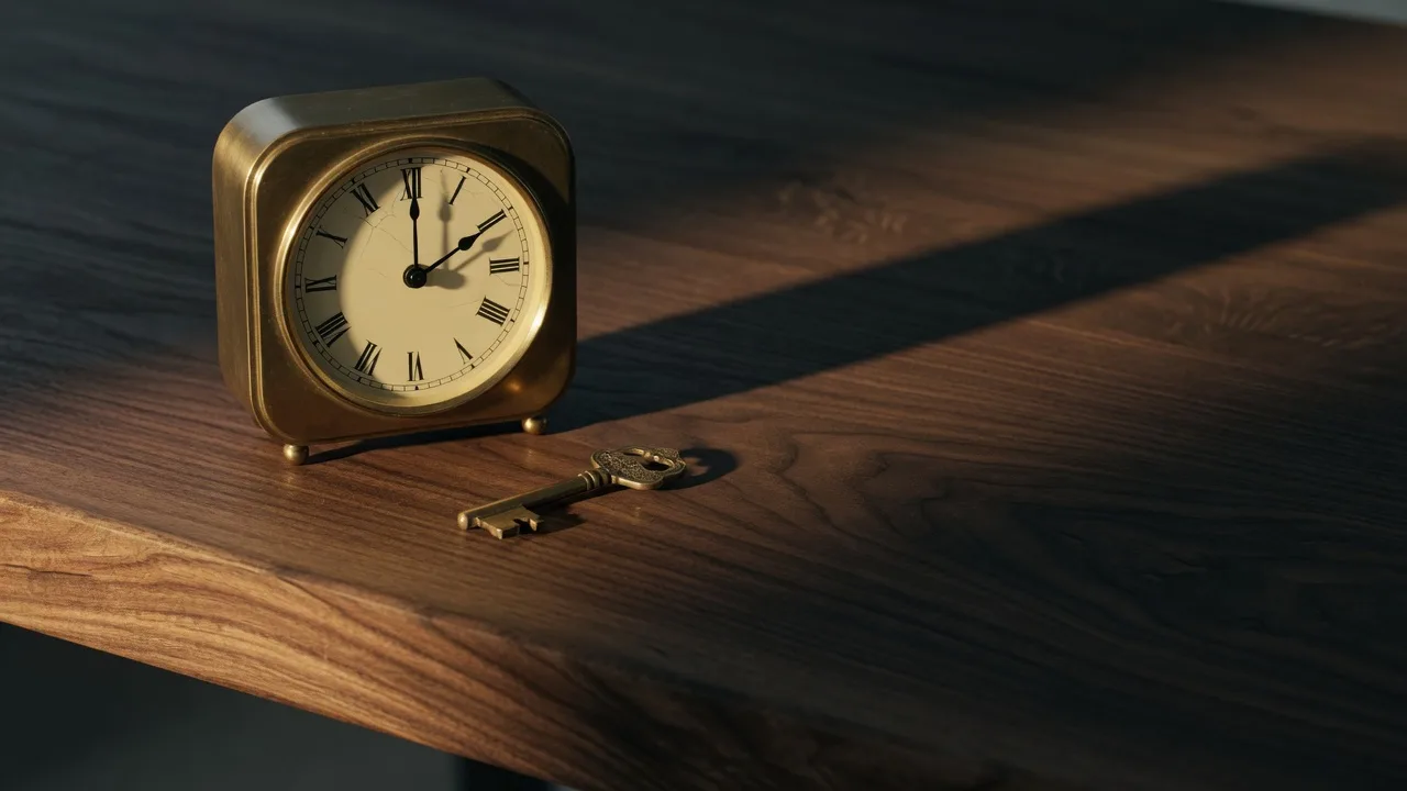 A brass table clock and a brass house key on dark walnut wood in warm golden lamplight