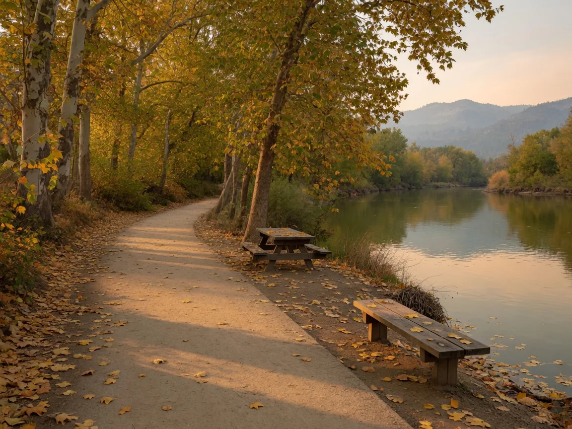 An easy flat packed-earth riverside walking path at McConnell State Recreation Area on the Merced River in late October, the path running under cottonwood and sycamore trees turning gold with scattered autumn leaves, a weathered wooden bench and a shaded picnic table beside the calm river with golden reflections, and hazy Sierra Nevada foothills in the distance