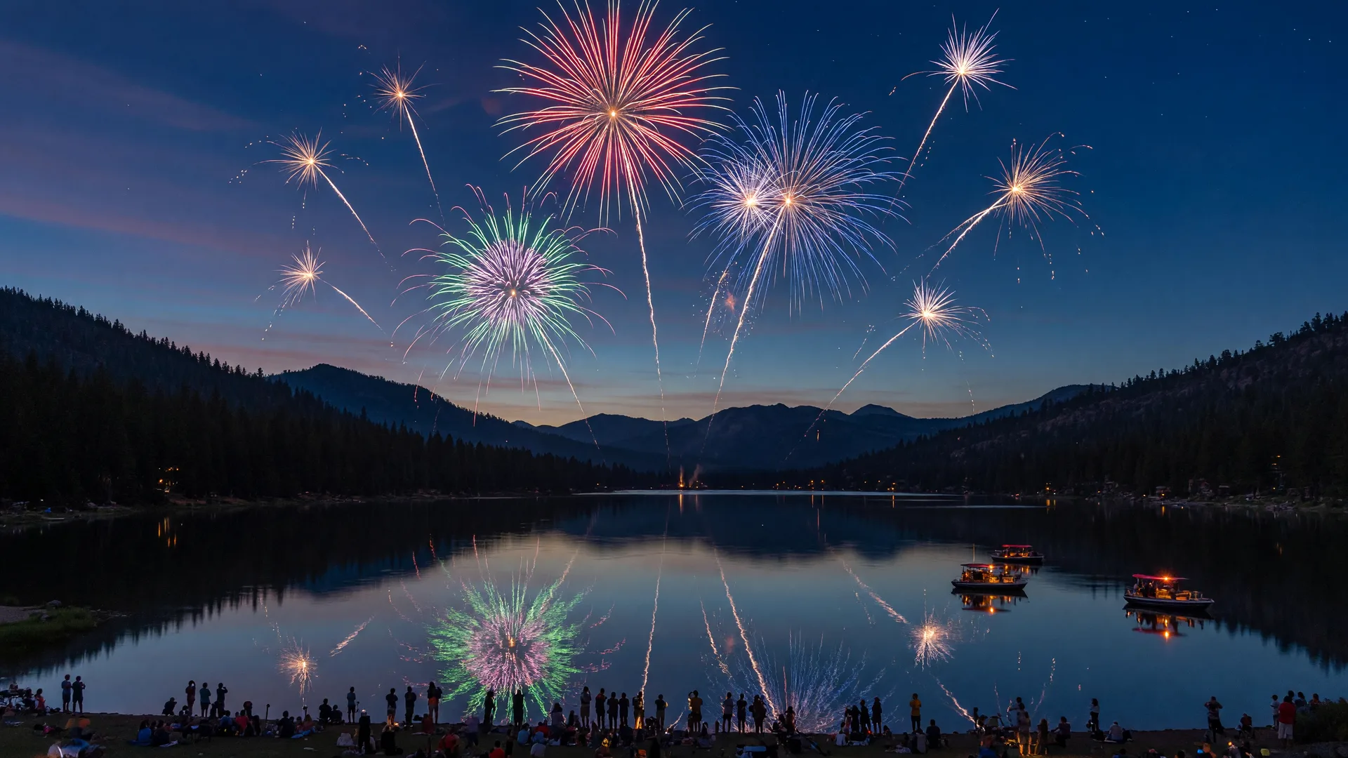 Fourth of July fireworks bursting in color over a mountain-ringed Nevada lake, reflected in the calm dark water.