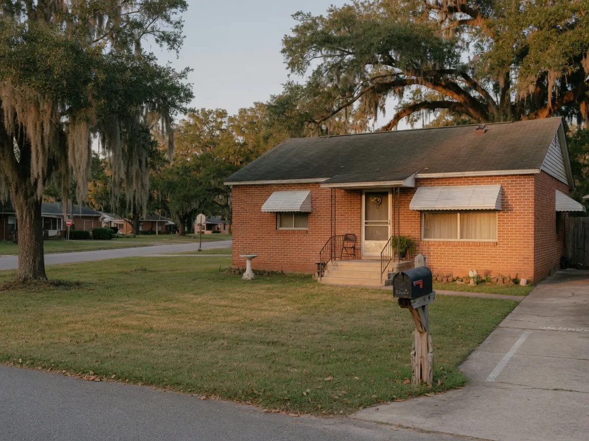 A single-story brick ranch home in a South Carolina neighborhood with an aging asphalt roof and mature live oaks, photographed in warm late-afternoon light