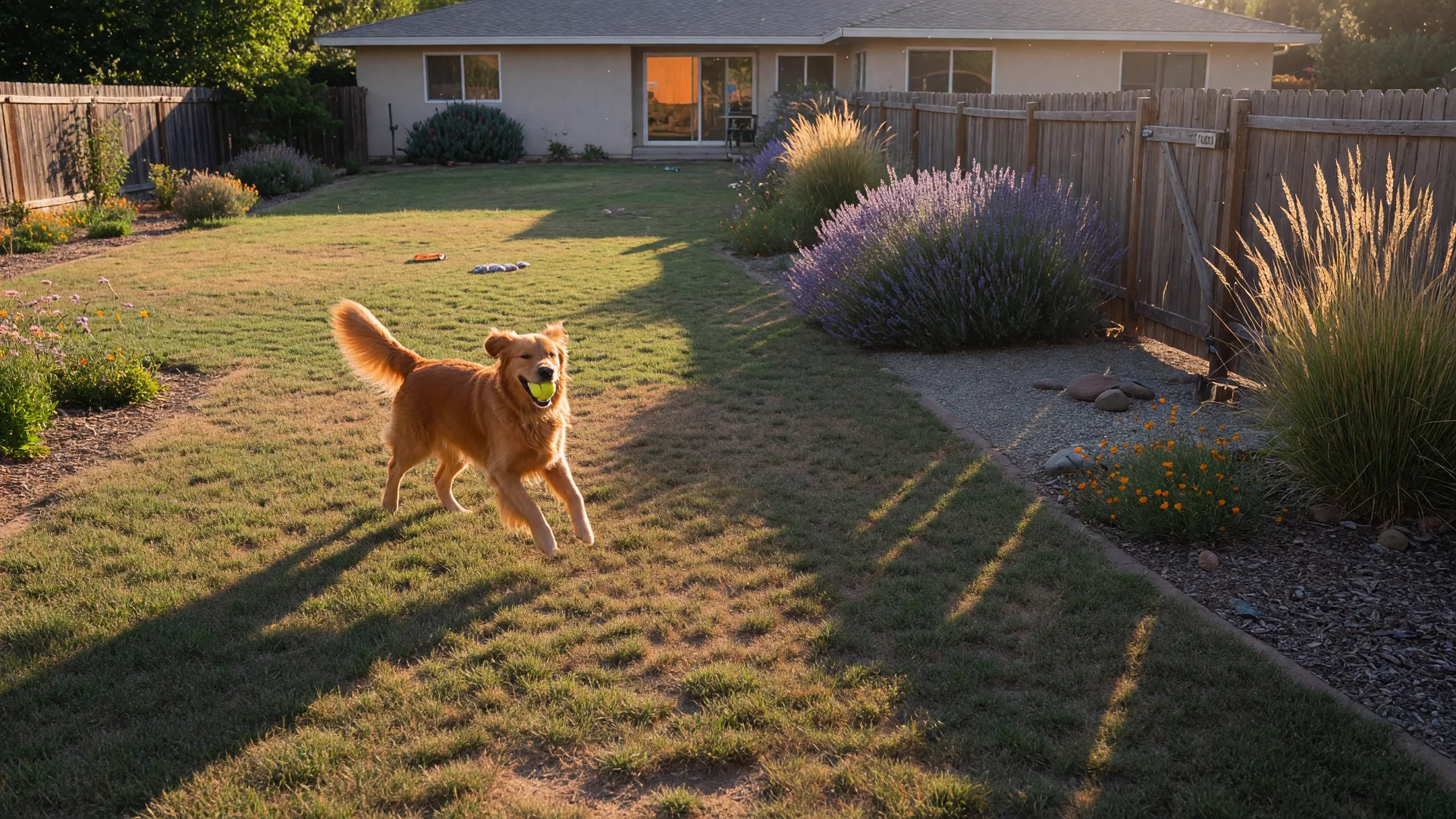 Golden retriever playing in a spacious Northern California backyard with native landscaping and a single-story home during golden hour