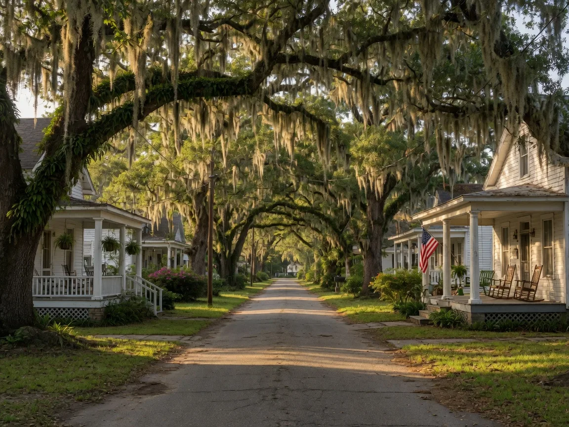 A shady East Hill street in Pensacola lined with live oaks draped in Spanish moss and classic white frame houses with front porches