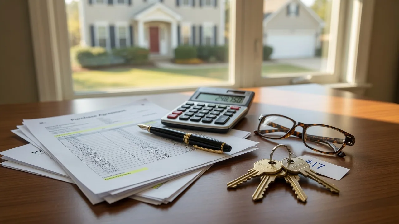 Financial documents, calculator, pen, and house keys on a desk, the tools of short sale lender negotiation in Virginia