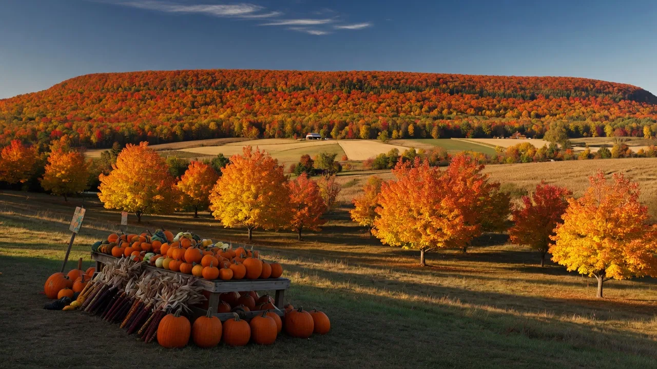 Peak autumn color on the Blue Mountain ridge seen across a farm market stand piled with pumpkins and Indian corn on a golden October afternoon