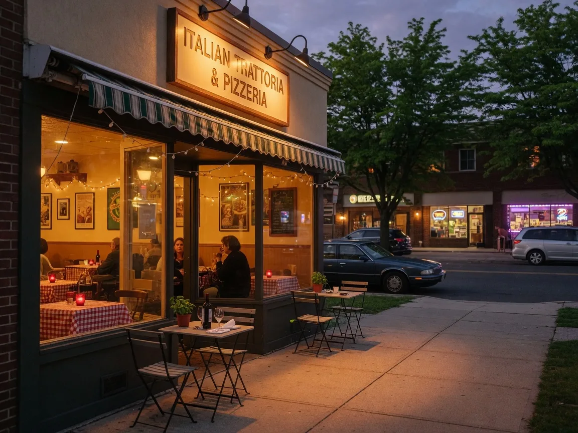 Mangia Trattoria Pizzeria in Delran, NJ glowing warmly in the early evening, a family-run Italian restaurant