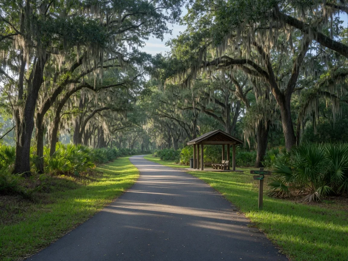 Paved walking and cycling path along the Auburndale TECO Trail under live oaks
