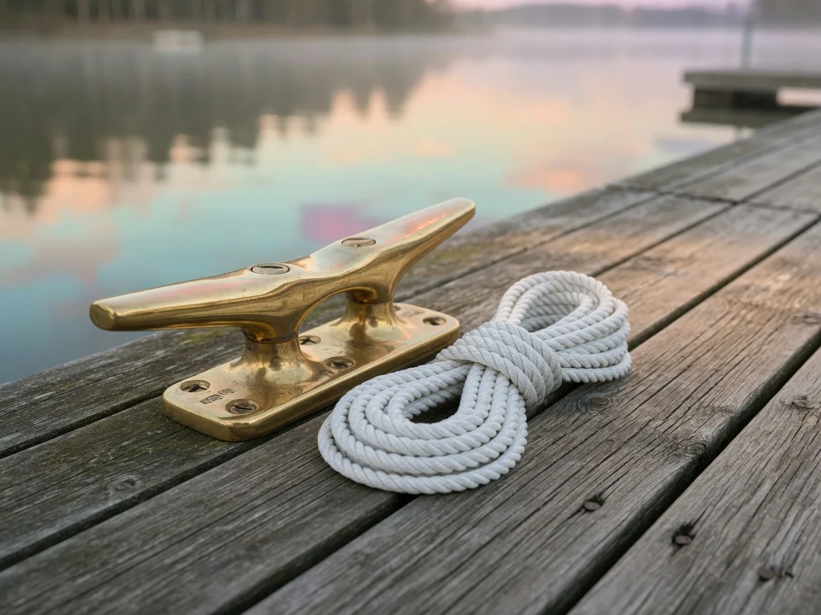 Polished brass dock cleat and coiled white mooring line on weathered wooden decking