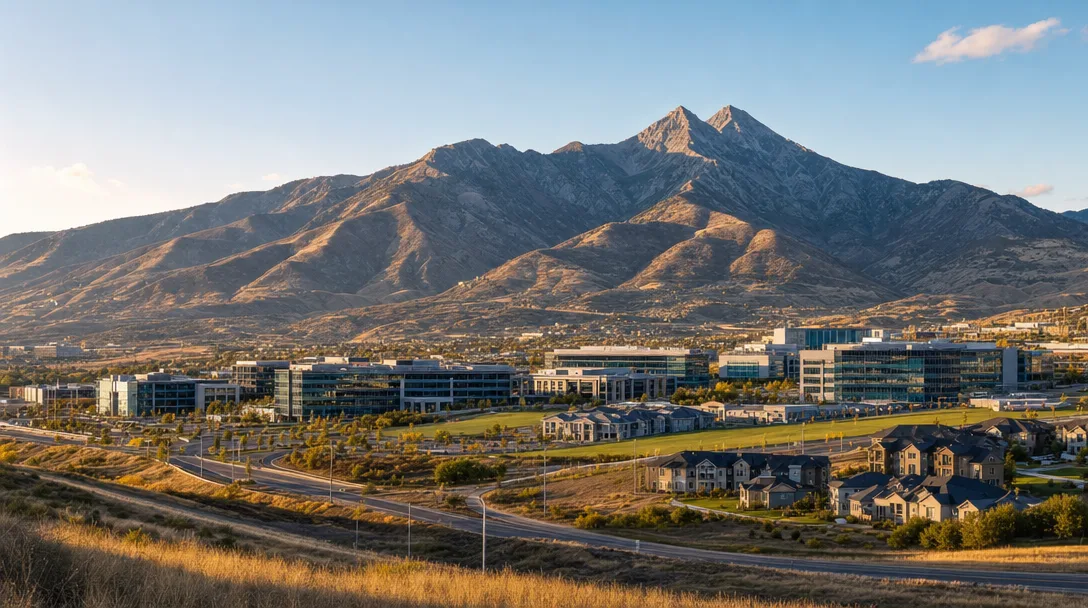 Draper, Utah's Point of the Mountain tech corridor with Silicon Slopes campuses, modern neighborhoods, and the Wasatch Front mountains in late afternoon light