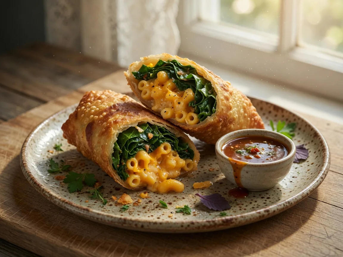 Crispy golden Soul Rolls cut open to reveal creamy mac and cheese and collard greens filling at Soul Food of Buford in Buford Georgia