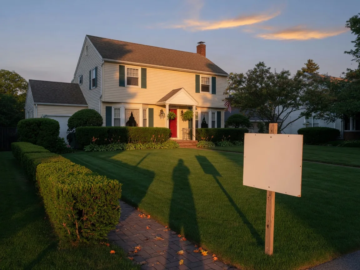 A charming suburban home at golden hour with a for-sale sign stake in the front yard
