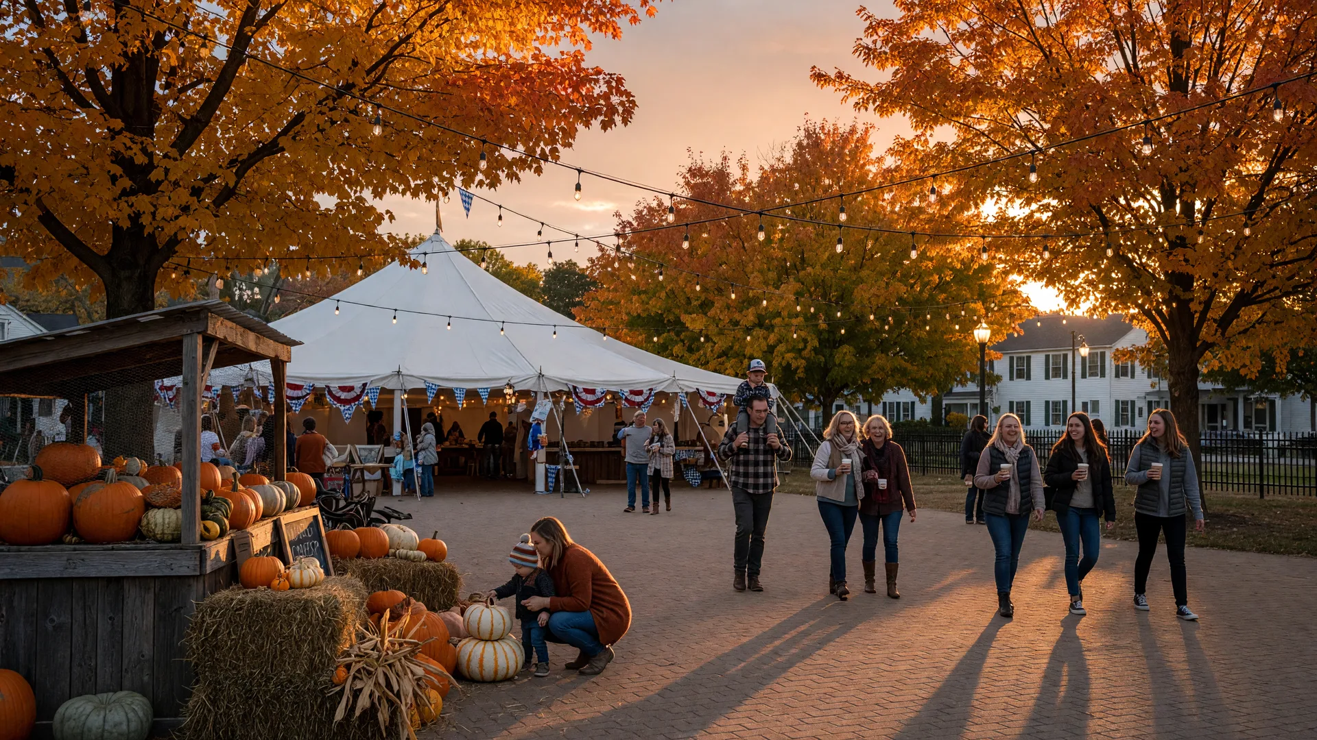 Mid-October fall festival scene in a Northeast Ohio town square at golden hour, with pumpkins and hay bales by a farm stand, warm string lights between sugar maples at peak color, and a distant Oktoberfest tent