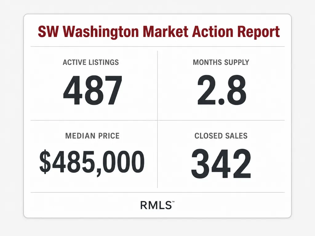 SW Washington Market Action Report graphic showing active listings, months supply, median price, and closed sales data from RMLS