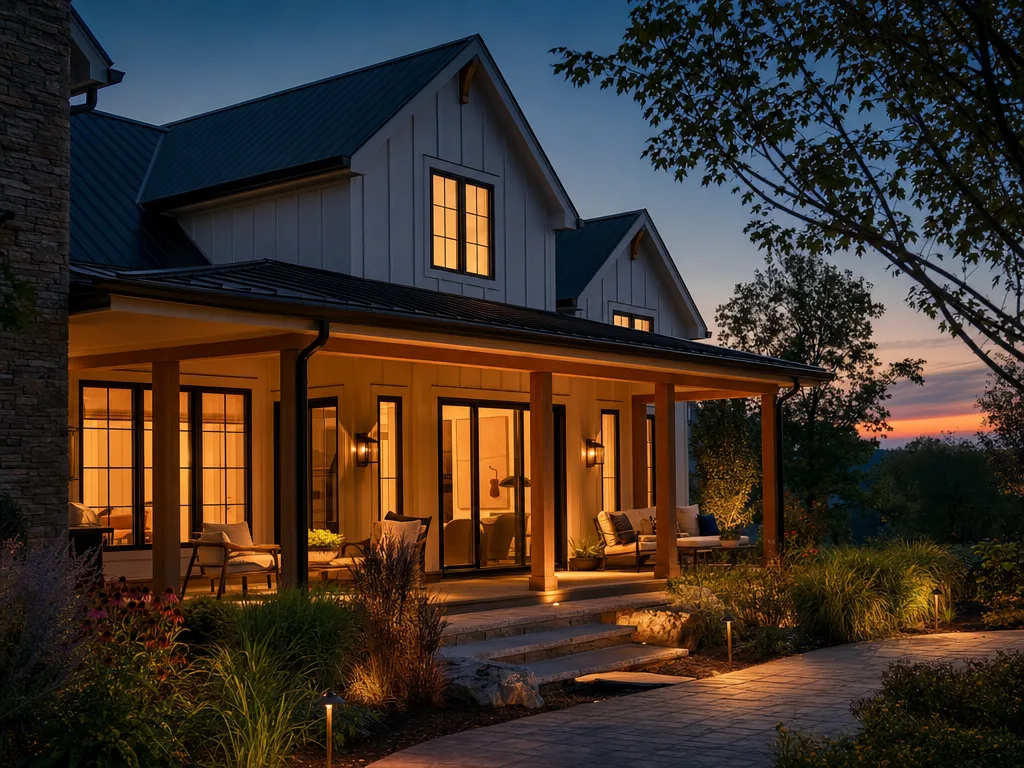 Modern Kentucky home exterior at twilight with warm interior light