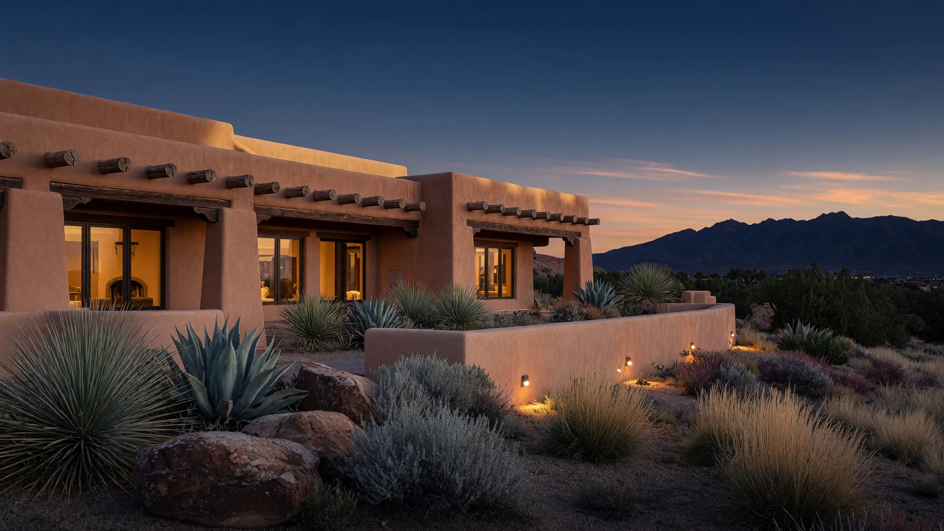 A luxury New Mexico adobe home at dusk, with vigas and distant views of the Sandia Mountains