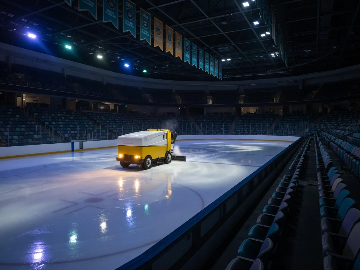 The ice inside Hertz Arena in Estero under bright arena lights with teal and gold team banners in the rafters