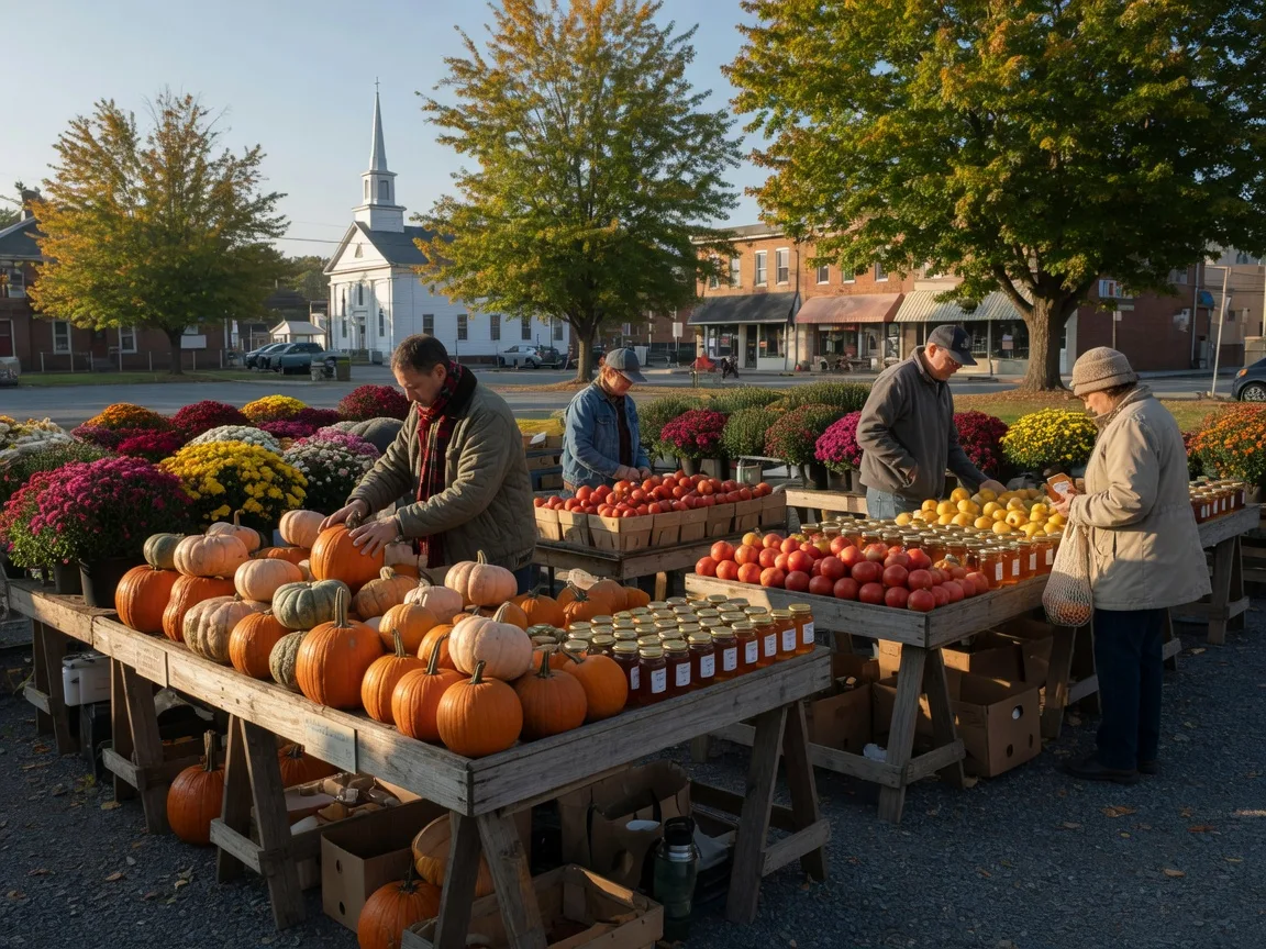 An open-air farmers market in a small Pennsylvania town in late September with stalls of pumpkins, mums, apples and jars of honey