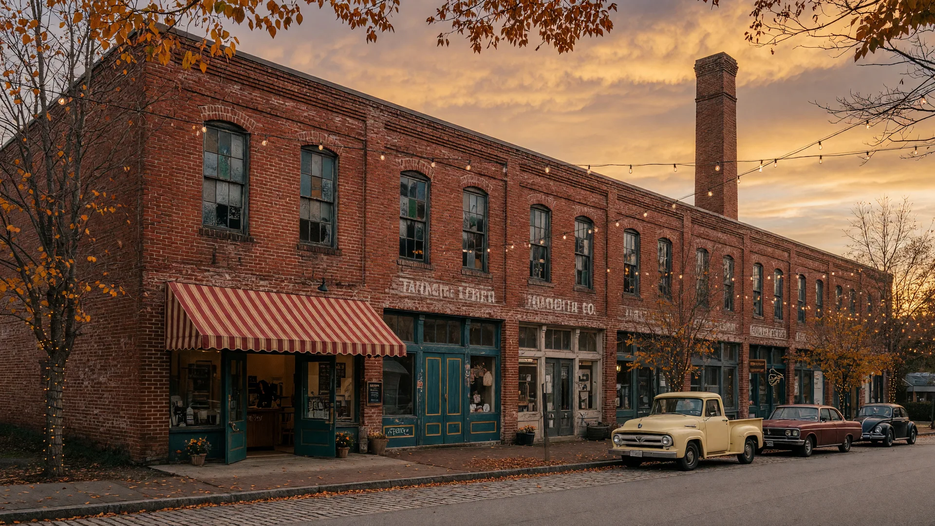 The historic brick Tannery Row building on Historic Main Street in Buford Georgia at golden hour, home to Main St. Deli and the Tannery Row Artist Colony