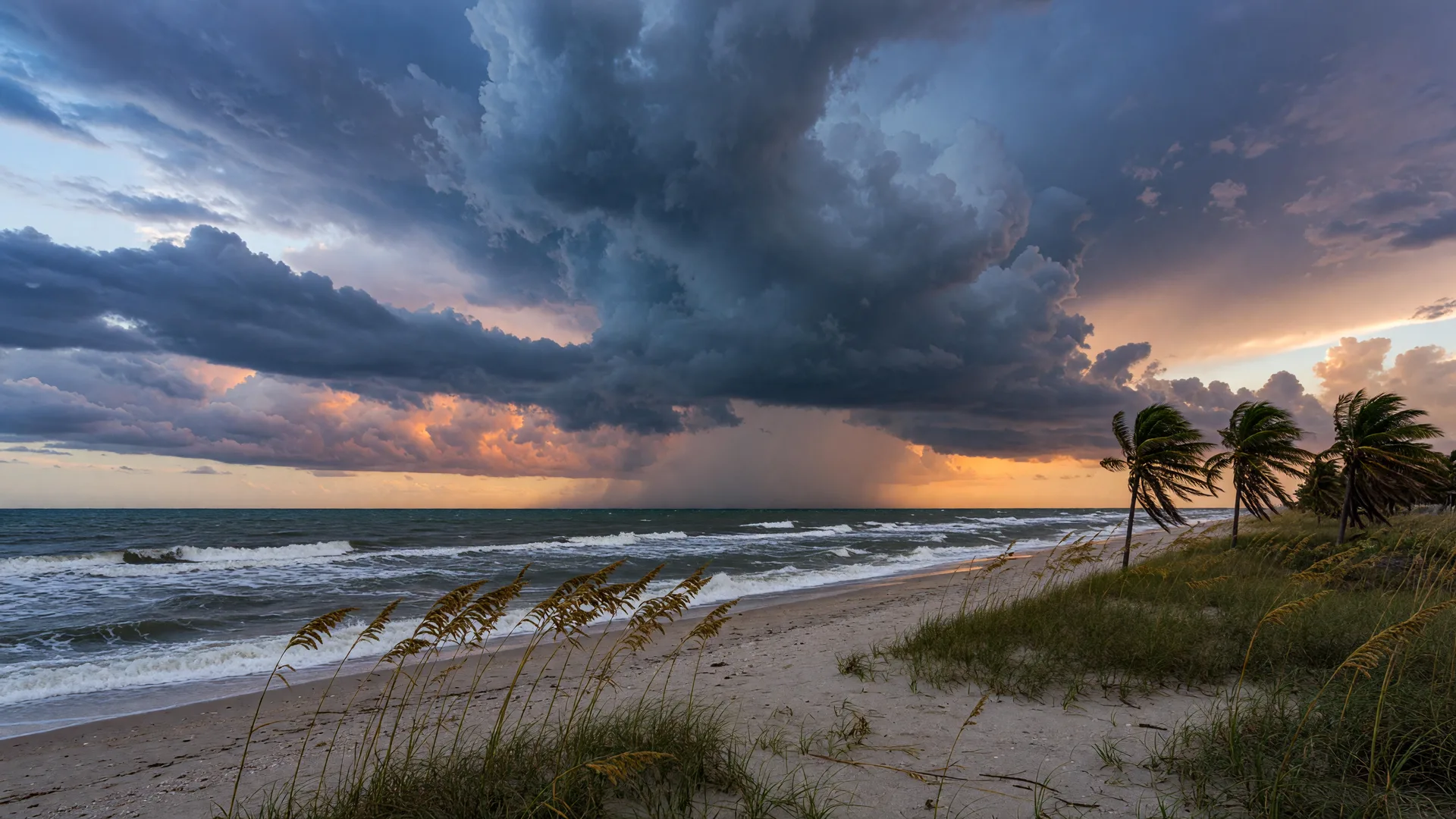 Storm clouds building over the Gulf of Mexico at a Florida beach, with leaning palm trees and whitecaps on the surf