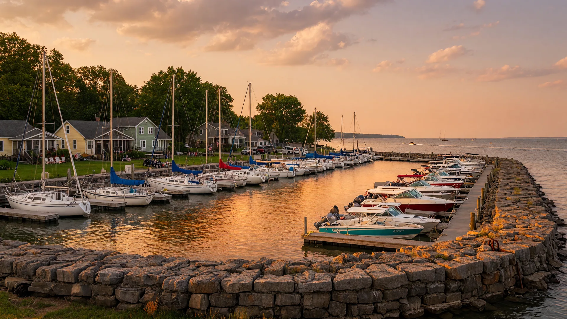 Catawba Island marina and Lake Erie shoreline at golden hour with sailboats and a stone breakwater