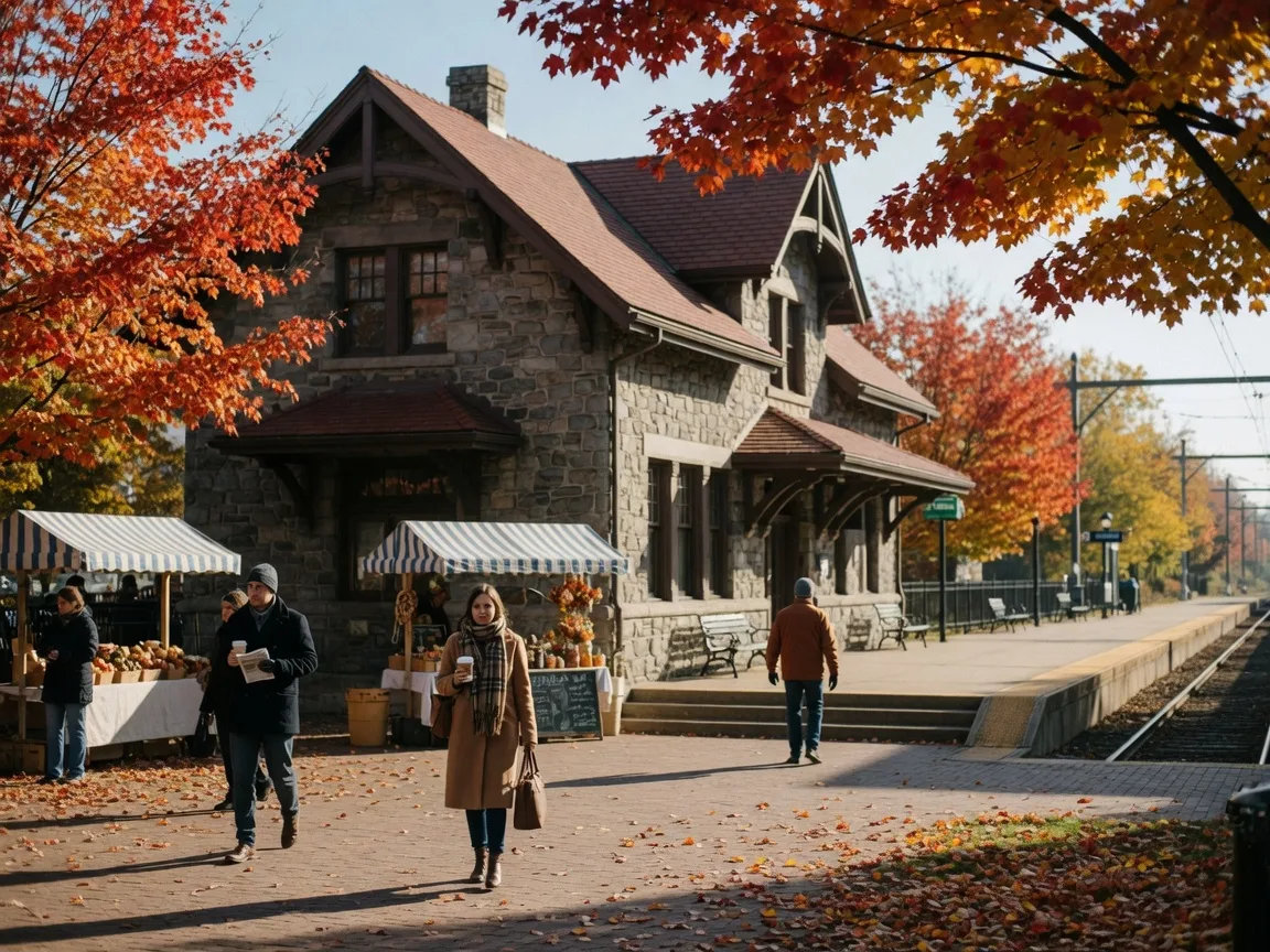 A classic Main Line train station plaza in Bryn Mawr, Pennsylvania in fall