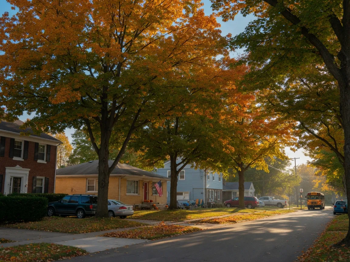 An established tree-lined residential street in Monroe, Ohio on a bright October afternoon, brick and siding ranch and colonial homes under maples and oaks turning orange and gold, a school bus in the distance