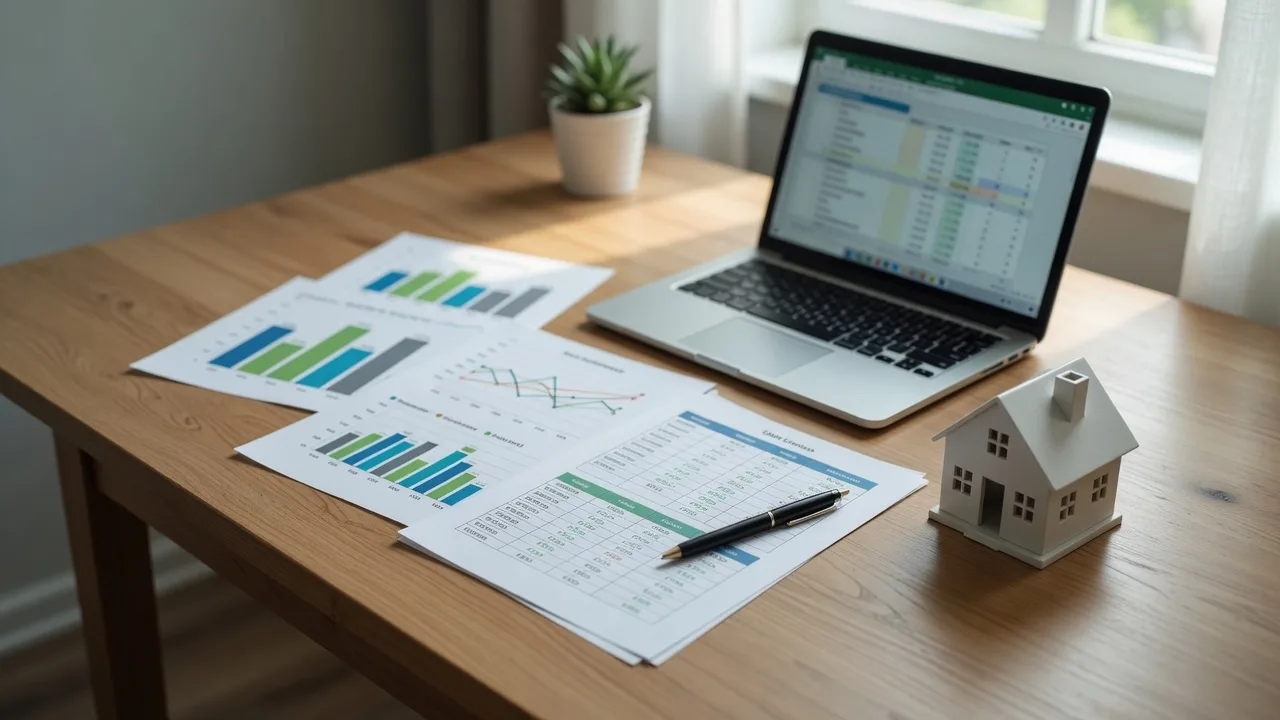 A tidy home-finance desk with loan comparison papers, a laptop, a pen, and a small model home in soft natural light.