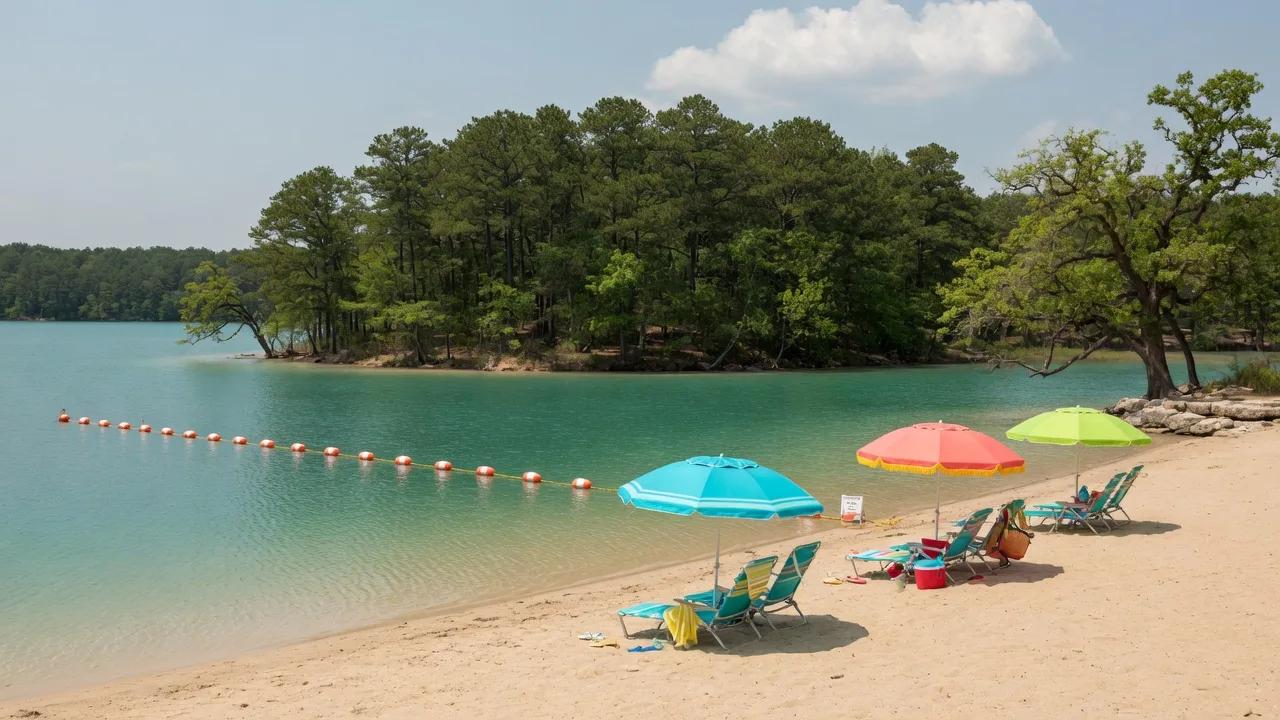 Sierra Beach at BLORA on Belton Lake, with umbrellas on the sand and clear water
